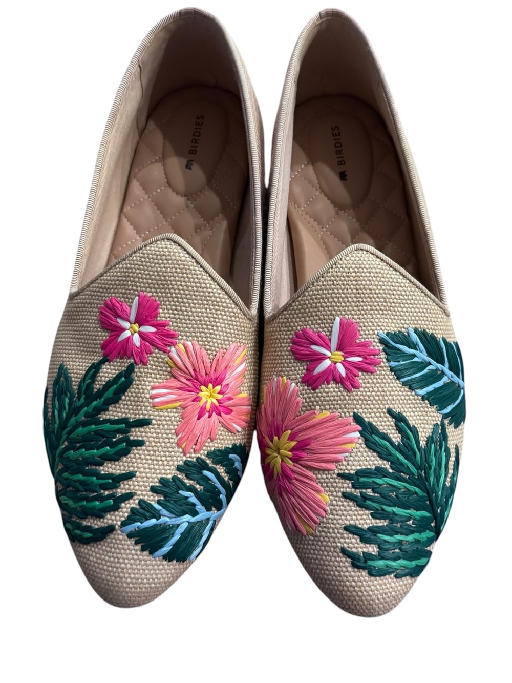 Birdies Raffia Loafers Size 10 Tropical Floral Embroidered Botanical